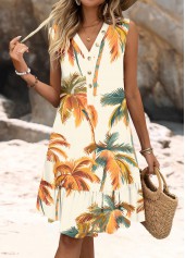 Beige dresses,Plants dresses,Vacation dresses,Vacation dresses,ROTITA Tropical Plants Print Beige A Line Sleeveless Dress