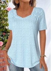 Light Blue tops,Plain Color tops,ROTITA Jacquard Light Blue Heart Collar Short Sleeve T Shirt