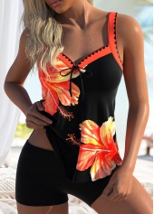 V-Neck Orange Floral Print Tankini Set