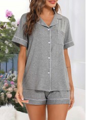 Light Grey loungewear,Contrast Color loungewear,Light Grey Turn Down Collar Lounge Top and Shorts