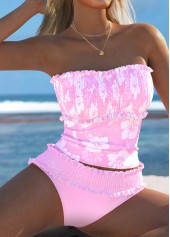Light Pink swimwear,Floral swimwear,Plants swimwear,ROTITA Smocked Light Pink Floral Print Mid Waisted Tankini Set
