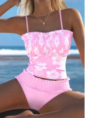 Light Pink swimwear,Floral swimwear,Plants swimwear,ROTITA Smocked Light Pink Floral Print Mid Waisted Tankini Set