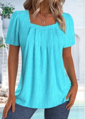 Cyan tops,Plain Color tops,ROTITA Cyan Square Neck Short Sleeve T Shirt