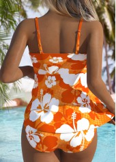 Orange swimwear,Floral swimwear,Plants swimwear,ROTITA Two Piece Orange Floral Print Mid Waisted Tankini Set