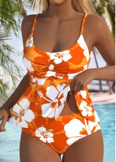 Orange swimwear,Floral swimwear,Plants swimwear,ROTITA Two Piece Orange Floral Print Mid Waisted Tankini Set