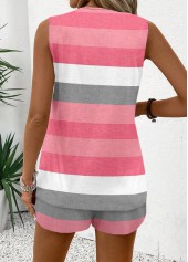Pink tops,Striped tops,Geometric tops,ROTITA Eyelet Striped Pink V Neck Sleeveless Tank Top