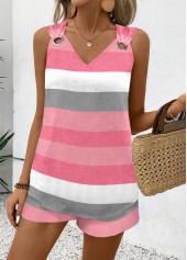 Pink tops,Striped tops,Geometric tops,ROTITA Eyelet Striped Pink V Neck Sleeveless Tank Top
