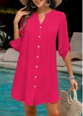 Hot Pink swimwear,Plain Color swimwear,Hot Pink Color Button Design Cover Up