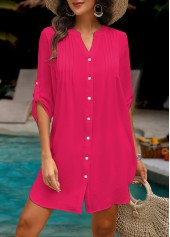 Hot Pink swimwear,Plain Color swimwear,Hot Pink Color Button Design Cover Up