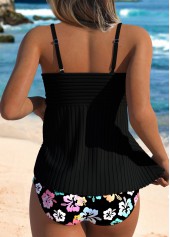 Black swimwear,Floral swimwear,Plants swimwear,ROTITA Contrast Binding Black Floral Print Mid Waisted Tankini Set