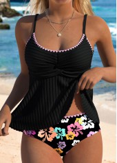 Black swimwear,Floral swimwear,Plants swimwear,ROTITA Contrast Binding Black Floral Print Mid Waisted Tankini Set