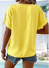 Yellow tops,Plain Color tops,ROTITA Button Yellow Split Neck Short Sleeve T Shirt