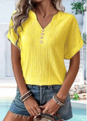 Yellow tops,Plain Color tops,ROTITA Button Yellow Split Neck Short Sleeve T Shirt