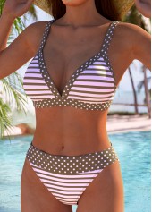 Light Pink swimwear,Geometric swimwear,ROTITA Contrast Binding Pink Geometric Print Mid Waisted Bikini Set