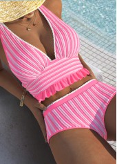 Pink swimwear,Plain Color swimwear,ROTITA Criss Cross Pink Mid Waisted Bikini Set