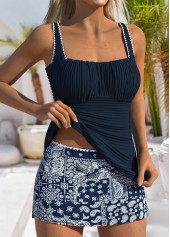 Navy swimwear,Paisley swimwear,ROTITA Contrast Binding Navy Paisley Print Mid Waisted Tankini Set