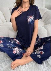 Floral Print Navy Round Neck Lounge Top and Pants