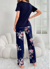 Navy loungewear,Floral loungewear,Plants loungewear,Floral Print Navy Round Neck Lounge Top and Pants