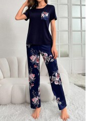 Navy loungewear,Floral loungewear,Plants loungewear,Floral Print Navy Round Neck Lounge Top and Pants