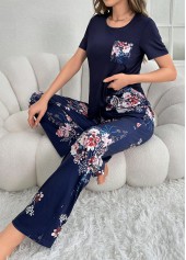 Navy loungewear,Floral loungewear,Plants loungewear,Floral Print Navy Round Neck Lounge Top and Pants