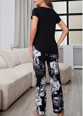 Black loungewear,Floral loungewear,Plants loungewear,Floral Print Black V Neck Lounge Top and Pants
