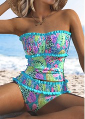 Ensemble tankini taille moyenne à imprimé cachemire cyan smocké Rotita