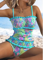 Cyan swimwear,Paisley swimwear,ROTITA Smocked Cyan Paisley Print Mid Waisted Tankini Set