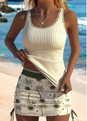 Beige swimwear,Plants swimwear,ROTITA Beige Tropical Plants Print Mid Waisted Tankini Set