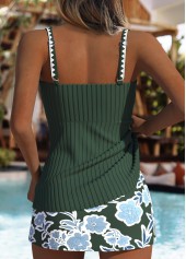 Blackish Green swimwear,Floral swimwear,Plants swimwear,ROTITA Blackish Green Floral Print Mid Waisted Tankini Set