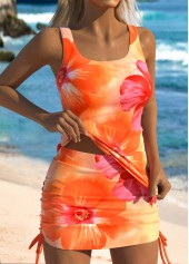 Orange swimwear,Floral swimwear,Plants swimwear,ROTITA Orange Floral Print Mid Waisted Tankini Set