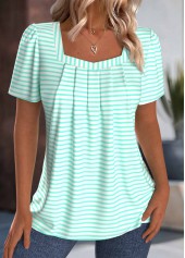 Mint Green tops,Striped tops,Geometric tops,ROTITA Striped Mint Green Square Neck Short Sleeve T Shirt