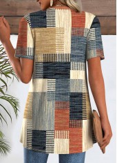 Multi Color tops,Geometric tops,ROTITA Geometric Print Short Sleeve Fake Two Piece Twinset