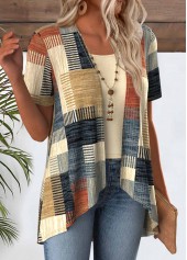 Multi Color tops,Geometric tops,ROTITA Geometric Print Short Sleeve Fake Two Piece Twinset