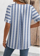 Blue tops,Geometric tops,Striped tops,ROTITA Geometric Print Blue Round Neck Short Sleeve Blouse