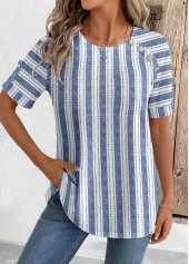 Blue tops,Geometric tops,Striped tops,ROTITA Geometric Print Blue Round Neck Short Sleeve Blouse