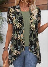 Green tops,Plants tops,Floral tops,Animal Print tops,ROTITA Leaf Print Green Short Sleeve Light Cardigan