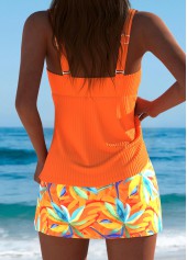 Orange swimwear,Plants swimwear,ROTITA Orange Leaf Print Mid Waisted Tankini Set
