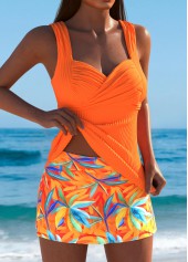 Orange swimwear,Plants swimwear,ROTITA Orange Leaf Print Mid Waisted Tankini Set