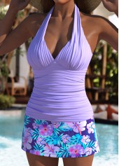 Purple swimwear,Floral swimwear,Plants swimwear,ROTITA Purple Floral Print Mid Waisted Tankini Set