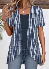 Navy tops,Tie Dye tops,ROTITA Patchwork Tie Dye Print Navy Fake Two Piece Twinset