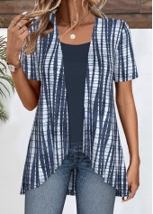 Navy tops,Tie Dye tops,ROTITA Patchwork Tie Dye Print Navy Fake Two Piece Twinset