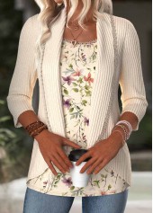 Beige tops,Floral tops,Plants tops,ROTITA Floral Print Beige Square Neck Fake Two Piece Twinset