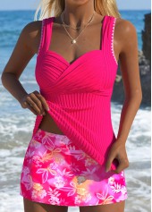 Hot Pink swimwear,Floral swimwear,Plants swimwear,ROTITA Hot Pink Floral Print Mid Waisted Tankini Set