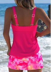 Hot Pink swimwear,Floral swimwear,Plants swimwear,ROTITA Hot Pink Floral Print Mid Waisted Tankini Set
