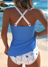 Blue swimwear,Plants swimwear,ROTITA Criss Cross Blue Tropical Plants Print Tankini Set