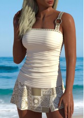 Beige swimwear,Tribal swimwear,ROTITA Beige Patchwork Mid Waisted Tankini Set