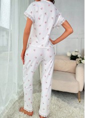 White loungewear,Floral loungewear,Plants loungewear,ROTITA Floral Print White V Neck Lounge Top and Pants
