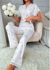 White loungewear,Floral loungewear,Plants loungewear,ROTITA Floral Print White V Neck Lounge Top and Pants