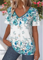 Cyan tops,Floral tops,Plants tops,ROTITA Floral Print Cyan V Neck Short Sleeve T Shirt