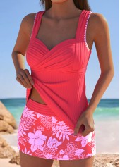 Coral swimwear,Floral swimwear,Plants swimwear,ROTITA Coral Floral Print Mid Waisted Tankini Set